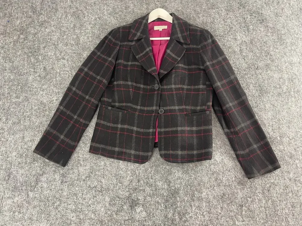 Talbots Blazer Jacket Womens 8 Black Plaid Sport Coat Wool Blend N267